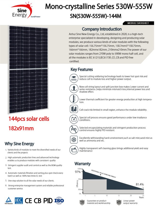 Panel fotovoltaico Anhui 550 Watt Perc, Mono Half Cell SN550-144M